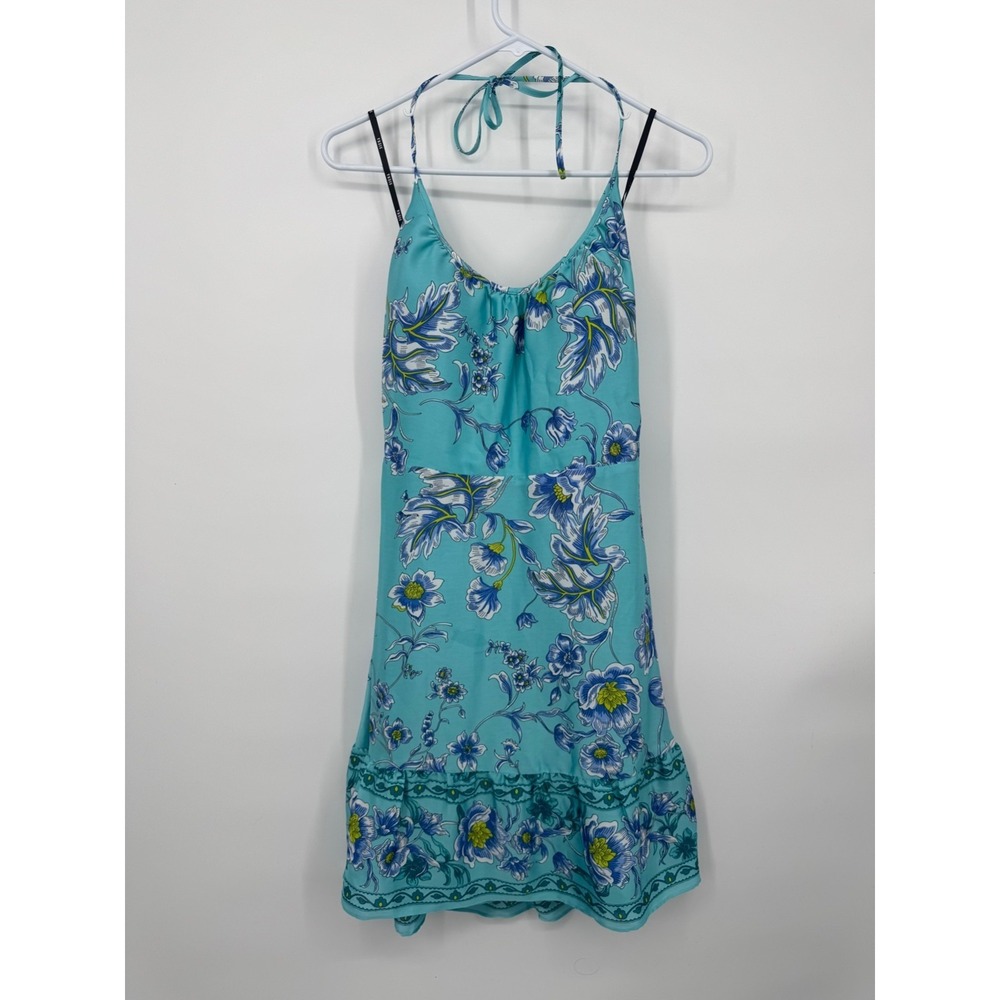 NWT Siena Halter-Neck Dress Womens 6 Blue White Floral Print Ruffled-Hem Classic
